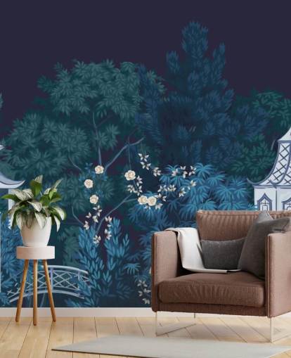 dark chinoiserie wallpaper mural called Chinoiserie Garden at Night for bedrooms