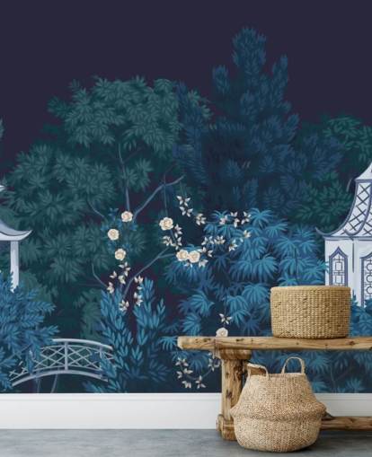 mørkt chinoiserie tapetmaleri kalt Chinoiserie Garden at Night for soverom