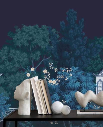 mural de papel pintado de chinoiserie oscuro llamado Chinoiserie Garden at Night para dormitorios mural de papel pintado de chinoiserie oscuro llamado Chinoiserie Garden at Night para dormitorios