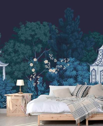 mørkt chinoiserie tapetmaleri kalt Chinoiserie Garden at Night for soverom mørkt chinoiserie tapetmaleri kalt Chinoiserie Garden at Night for soverom