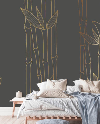 black and gold customizable bamboo wallpaper mural called Gold Bamboo for bedrooms and bathrooms