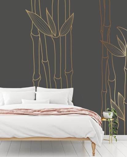 mural de papel pintado de bambú personalizable en negro y dorado llamado Gold Bamboo para dormitorios y baños