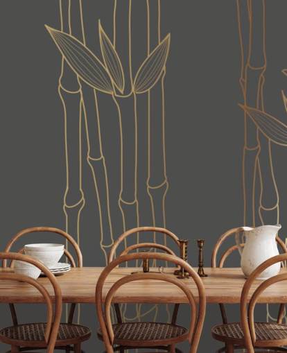 mural de papel pintado de bambú personalizable en negro y dorado llamado Gold Bamboo para dormitorios y baños