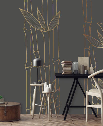 mural de papel de parede de bambu personalizável preto e dourado chamado Gold Bamboo para quartos e banheiros