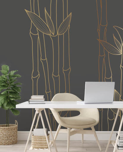 mural de papel pintado de bambú personalizable en negro y dorado llamado Gold Bamboo para dormitorios y baños mural de papel pintado de bambú personalizable en negro y dorado llamado Gold Bamboo para dormitorios y baños