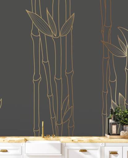 black and gold customizable bamboo wallpaper mural called Gold Bamboo for bedrooms and bathrooms