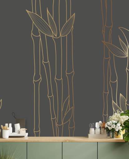 black and gold customizable bamboo wallpaper mural called Gold Bamboo for bedrooms and bathrooms