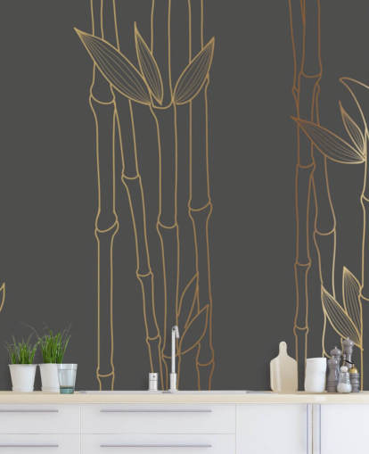 mural de papel de parede de bambu personalizável preto e dourado chamado Gold Bamboo para quartos e banheiros