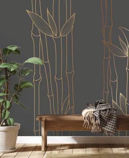 zwart-gouden aanpasbare bamboebehangmuurschildering genaamd Gold Bamboo voor slaapkamers en badkamers zwart-gouden aanpasbare bamboebehangmuurschildering genaamd Gold Bamboo voor slaapkamers en badkamers