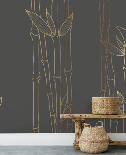 mural de papel pintado de bambú personalizable en negro y dorado llamado Gold Bamboo para dormitorios y baños