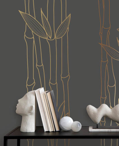 zwart-gouden aanpasbare bamboebehangmuurschildering genaamd Gold Bamboo voor slaapkamers en badkamers