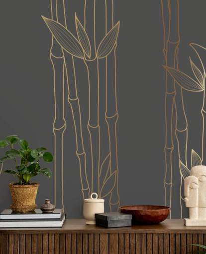 mural de papel pintado de bambú personalizable en negro y dorado llamado Gold Bamboo para dormitorios y baños