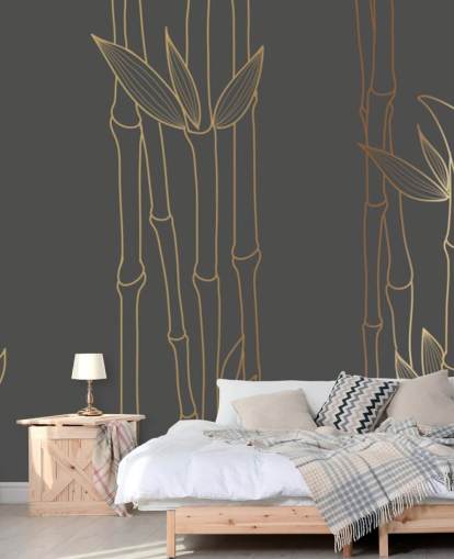 mural de papel pintado de bambú personalizable en negro y dorado llamado Gold Bamboo para dormitorios y baños