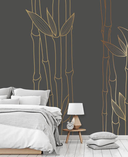 carta da parati murale in bambù personalizzabile nera e dorata chiamata Gold Bamboo per camere da letto e bagni