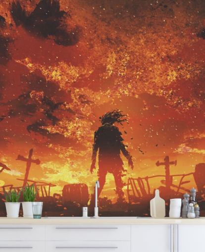 zombie, vuur en kerkhof behang