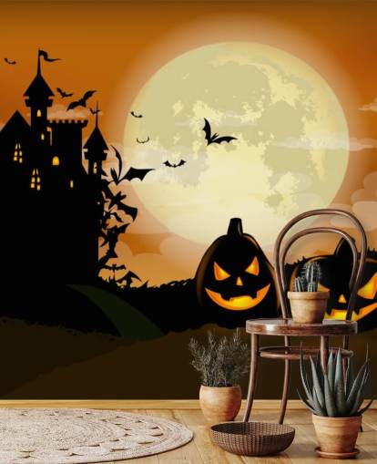 spooky castle and pumpkins wallpaper