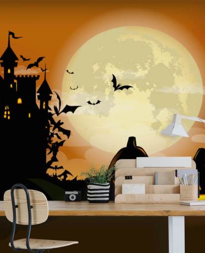 spooky castle en pompoenen behang