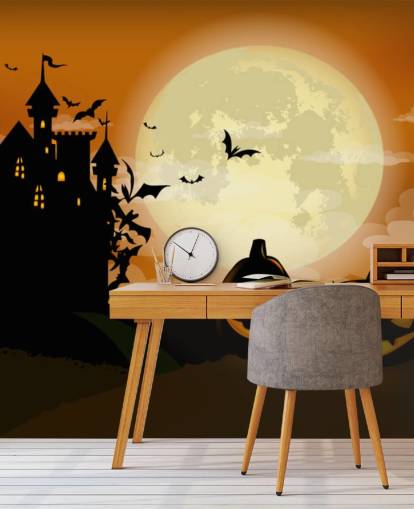 spooky castle and pumpkins wallpaper