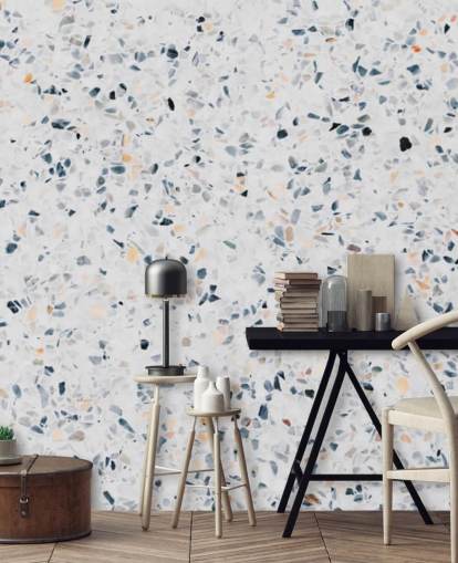 Papier peint terrazzo moucheté bleu