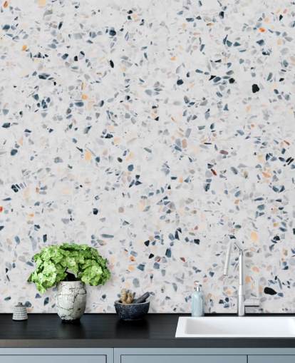 Sininen pilkullinen terrazzo tapetti