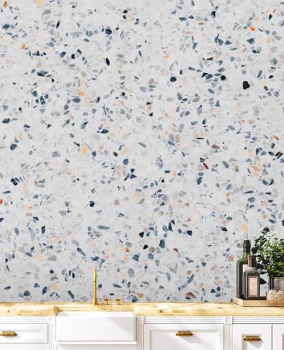 Blauw gespikkeld terrazzo behang