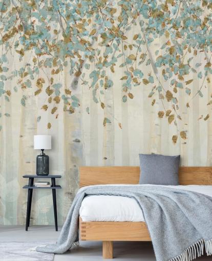 papier peint mural en forme de bouleau avec œuf de canard et feuilles bleues appelé Dream Forest de James Wiens pour les salons, les couloirs et les salles à manger