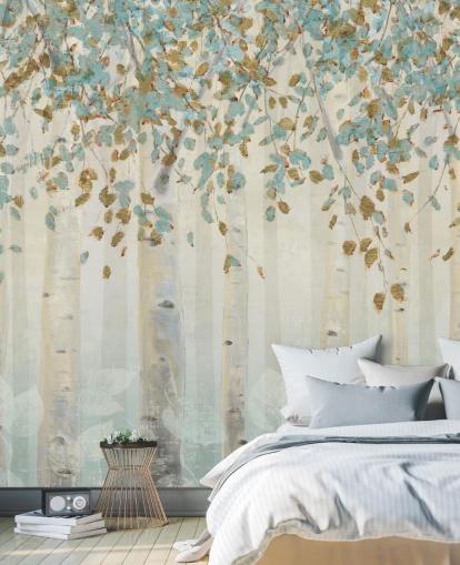 papier peint mural en forme de bouleau avec œuf de canard et feuilles bleues appelé Dream Forest de James Wiens pour les salons, les couloirs et les salles à manger