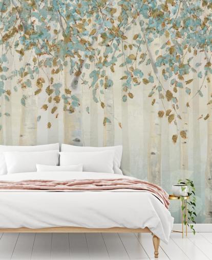 berkenboom met eendenei en blauwe bladeren behangmuurschildering genaamd Dream Forest van James Wiens voor woonkamers, gangen en eetkamers berkenboom met eendenei en blauwe bladeren behangmuurschildering genaamd Dream Forest van James Wiens voor woonkamers, gangen en eetkamers
