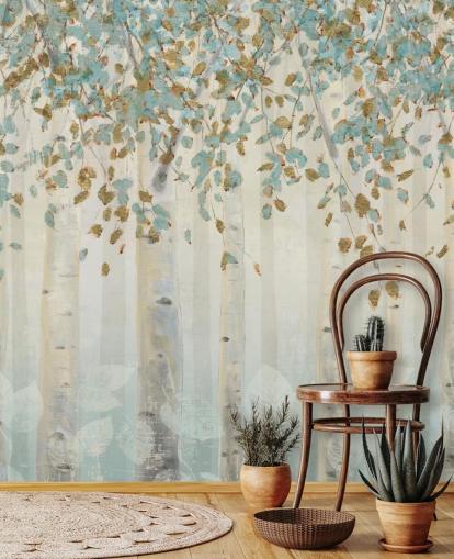 mural de papel pintado de abedul con huevo de pato y hojas azules llamado Dream Forest de James Wiens para salas de estar, pasillos y comedores