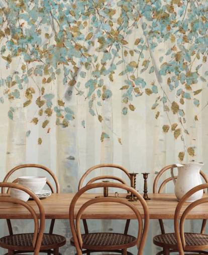 papier peint mural en forme de bouleau avec œuf de canard et feuilles bleues appelé Dream Forest de James Wiens pour les salons, les couloirs et les salles à manger papier peint mural en forme de bouleau avec œuf de canard et feuilles bleues appelé Dream Forest de James Wiens pour les salons, les couloirs et les salles à manger