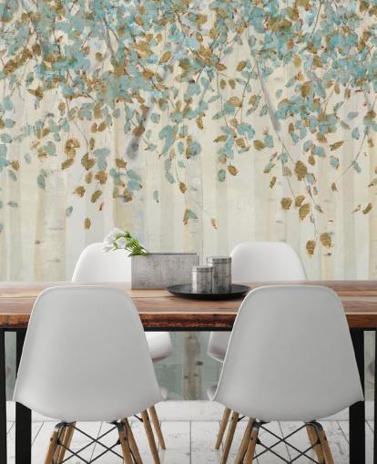 berkenboom met eendenei en blauwe bladeren behangmuurschildering genaamd Dream Forest van James Wiens voor woonkamers, gangen en eetkamers
