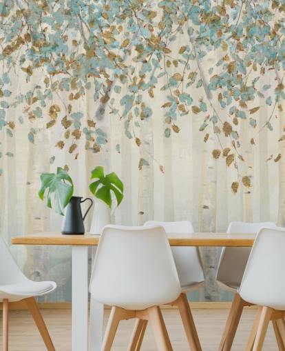 birch tree with duck egg blue leaves wallpaper mural called Dream Forest by James Wiens for living rooms, hallways and dining rooms