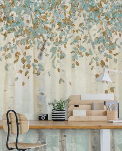 mural de papel pintado de abedul con huevo de pato y hojas azules llamado Dream Forest de James Wiens para salas de estar, pasillos y comedores