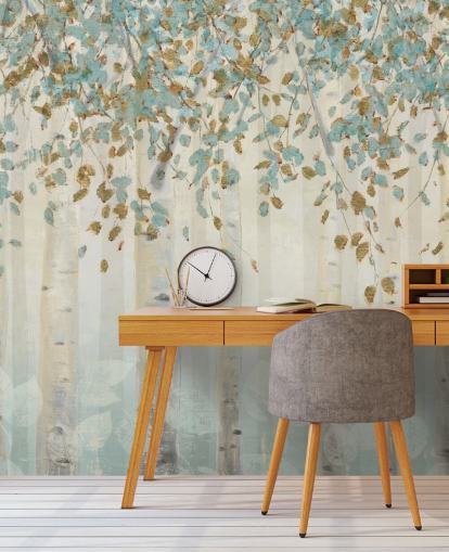 mural de papel pintado de abedul con huevo de pato y hojas azules llamado Dream Forest de James Wiens para salas de estar, pasillos y comedores mural de papel pintado de abedul con huevo de pato y hojas azules llamado Dream Forest de James Wiens para salas de estar, pasillos y comedores