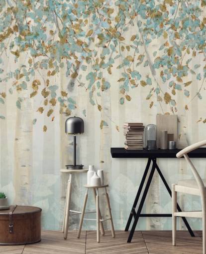 birch tree with duck egg blue leaves wallpaper mural called Dream Forest by James Wiens for living rooms, hallways and dining rooms