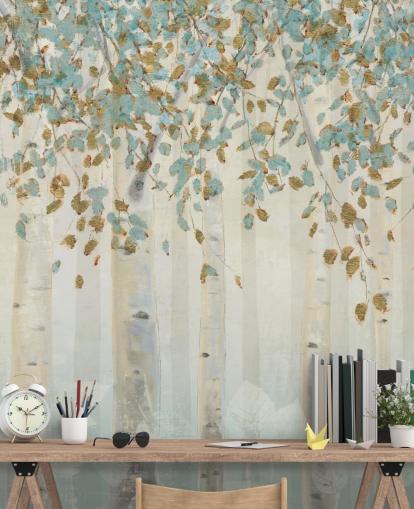 Wandbild „Dream Forest“ von James Wiens, Birke mit Entenei und blauen Blättern, für Wohnzimmer, Flure und Esszimmer