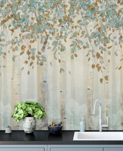 Wandbild „Dream Forest“ von James Wiens, Birke mit Entenei und blauen Blättern, für Wohnzimmer, Flure und Esszimmer