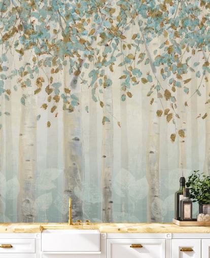 mural de papel pintado de abedul con huevo de pato y hojas azules llamado Dream Forest de James Wiens para salas de estar, pasillos y comedores