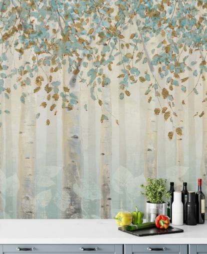 murale di carta da parati con betulla con foglie blu uovo d'anatra chiamato Dream Forest di James Wiens per salotti, corridoi e sale da pranzo
