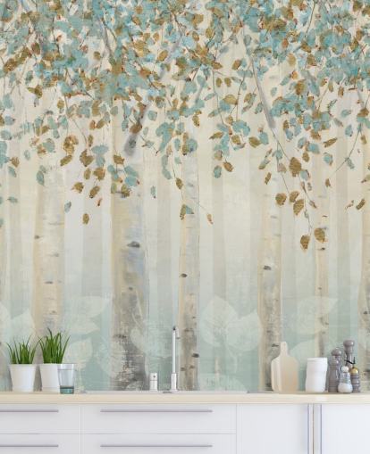 papier peint mural en forme de bouleau avec œuf de canard et feuilles bleues appelé Dream Forest de James Wiens pour les salons, les couloirs et les salles à manger