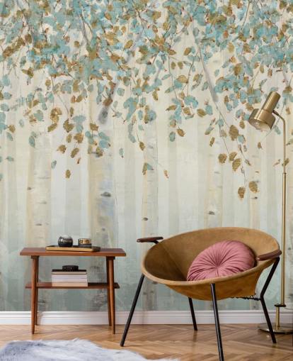 mural de papel pintado de abedul con huevo de pato y hojas azules llamado Dream Forest de James Wiens para salas de estar, pasillos y comedores