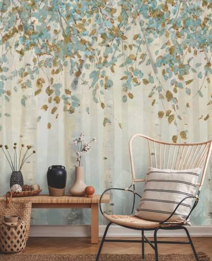 birch tree with duck egg blue leaves wallpaper mural called Dream Forest by James Wiens for living rooms, hallways and dining rooms