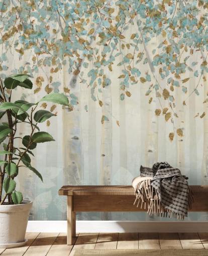 papier peint mural en forme de bouleau avec œuf de canard et feuilles bleues appelé Dream Forest de James Wiens pour les salons, les couloirs et les salles à manger