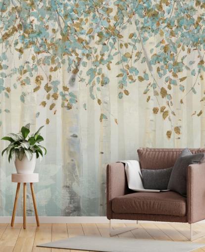 mural de papel pintado de abedul con huevo de pato y hojas azules llamado Dream Forest de James Wiens para salas de estar, pasillos y comedores
