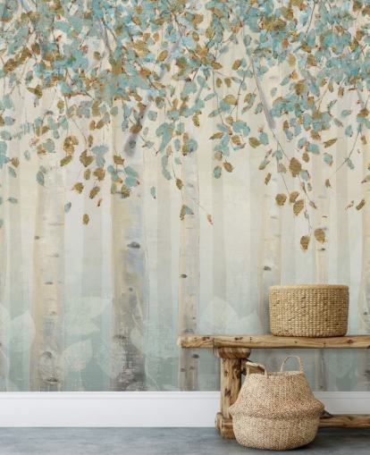 Wandbild „Dream Forest“ von James Wiens, Birke mit Entenei und blauen Blättern, für Wohnzimmer, Flure und Esszimmer