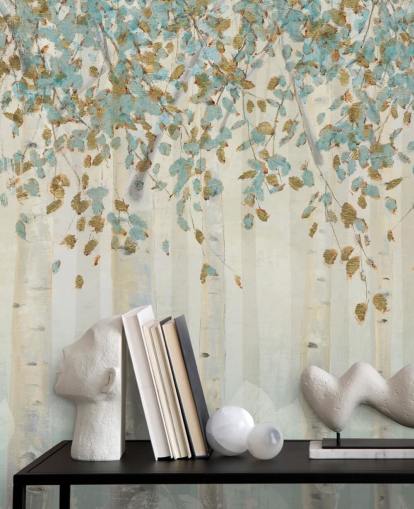 papier peint mural en forme de bouleau avec œuf de canard et feuilles bleues appelé Dream Forest de James Wiens pour les salons, les couloirs et les salles à manger