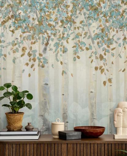 Wandbild „Dream Forest“ von James Wiens, Birke mit Entenei und blauen Blättern, für Wohnzimmer, Flure und Esszimmer