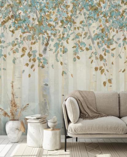 papier peint mural en forme de bouleau avec œuf de canard et feuilles bleues appelé Dream Forest de James Wiens pour les salons, les couloirs et les salles à manger