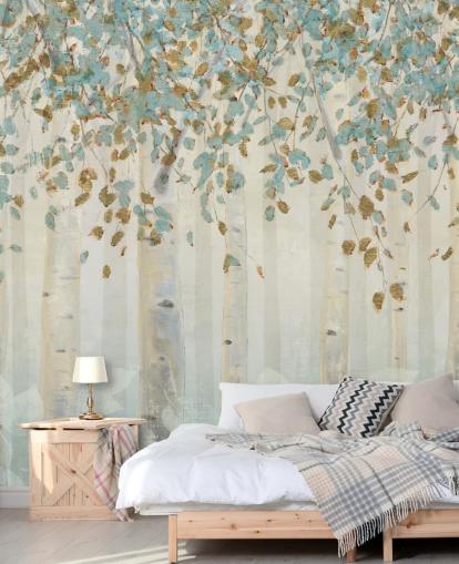 papier peint mural en forme de bouleau avec œuf de canard et feuilles bleues appelé Dream Forest de James Wiens pour les salons, les couloirs et les salles à manger