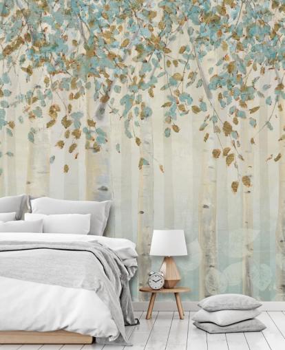 berkenboom met eendenei en blauwe bladeren behangmuurschildering genaamd Dream Forest van James Wiens voor woonkamers, gangen en eetkamers